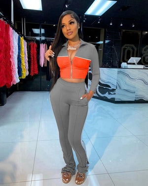 Two Piece Tracksuit Set  Crop Top Pencil Pants