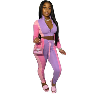 Casual Tracksuit Two Piece Set Women Zipper Crop Top and Sweatpants