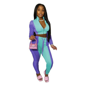 Casual Tracksuit Two Piece Set Women Zipper Crop Top and Sweatpants