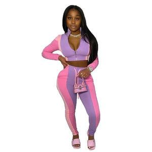 Casual Tracksuit Two Piece Set Women Zipper Crop Top and Sweatpants