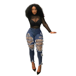 Leopard Print Patchwork Women Jeans Pants Tassel Distressed Denim Pencil Trousers Plus Size S-3XL