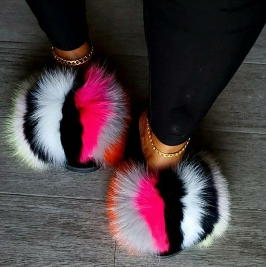 Women Colorful Faux Fur Sandals BODY CANDY CLOTHING