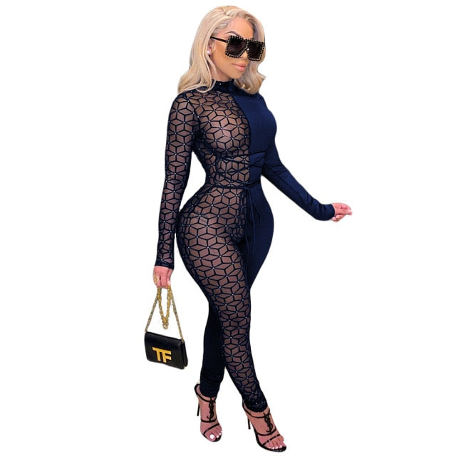 Sheer Mesh Patchwork Women Sexy Lace Up Jumpsuit